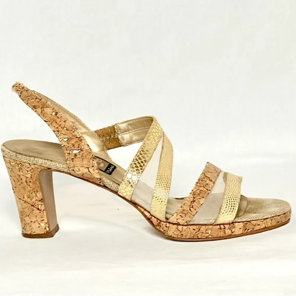 Nina Strappy Open Toe Heels in Gold & Tan Size: 8M